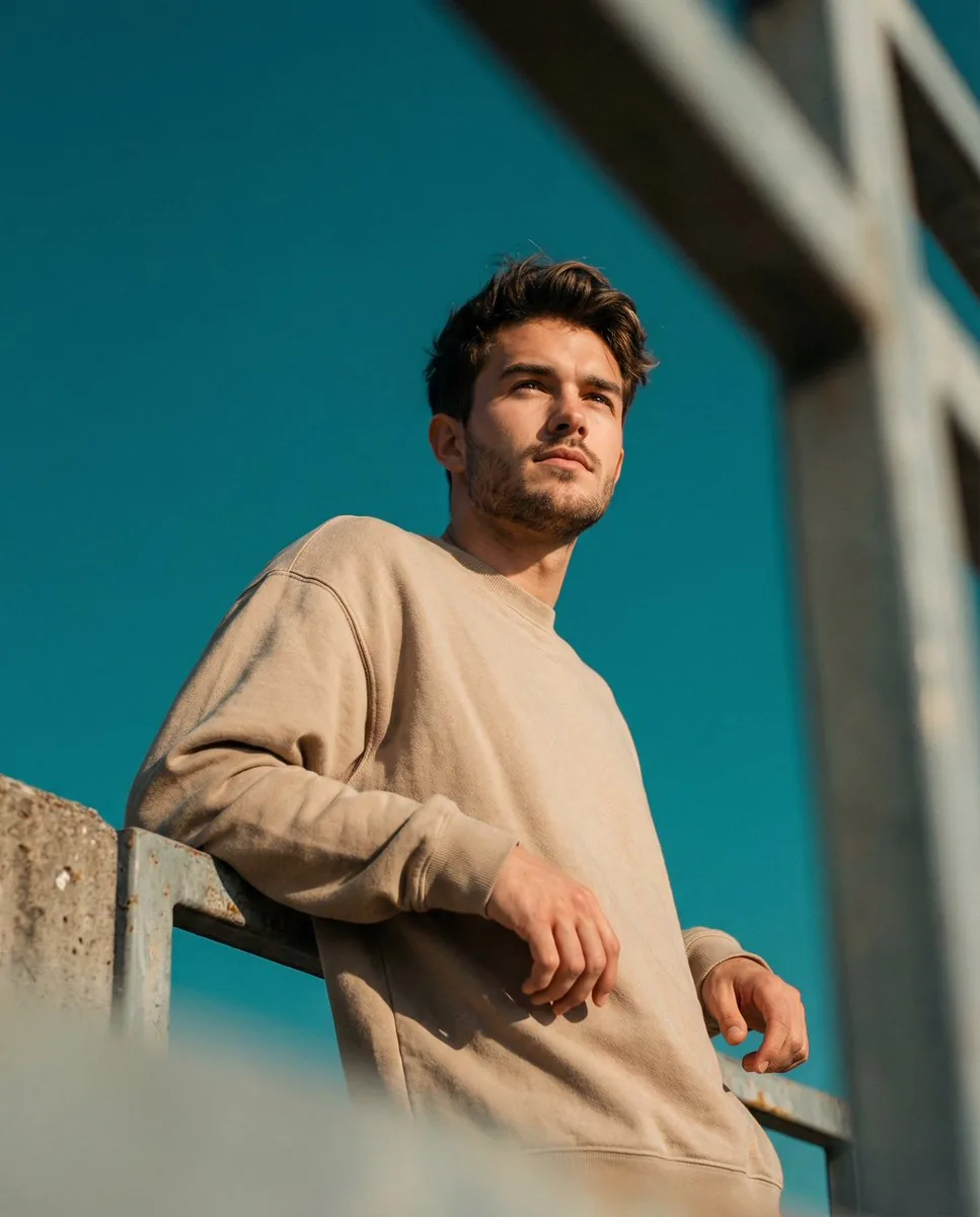 A cinematic low-angle portrait shot on...