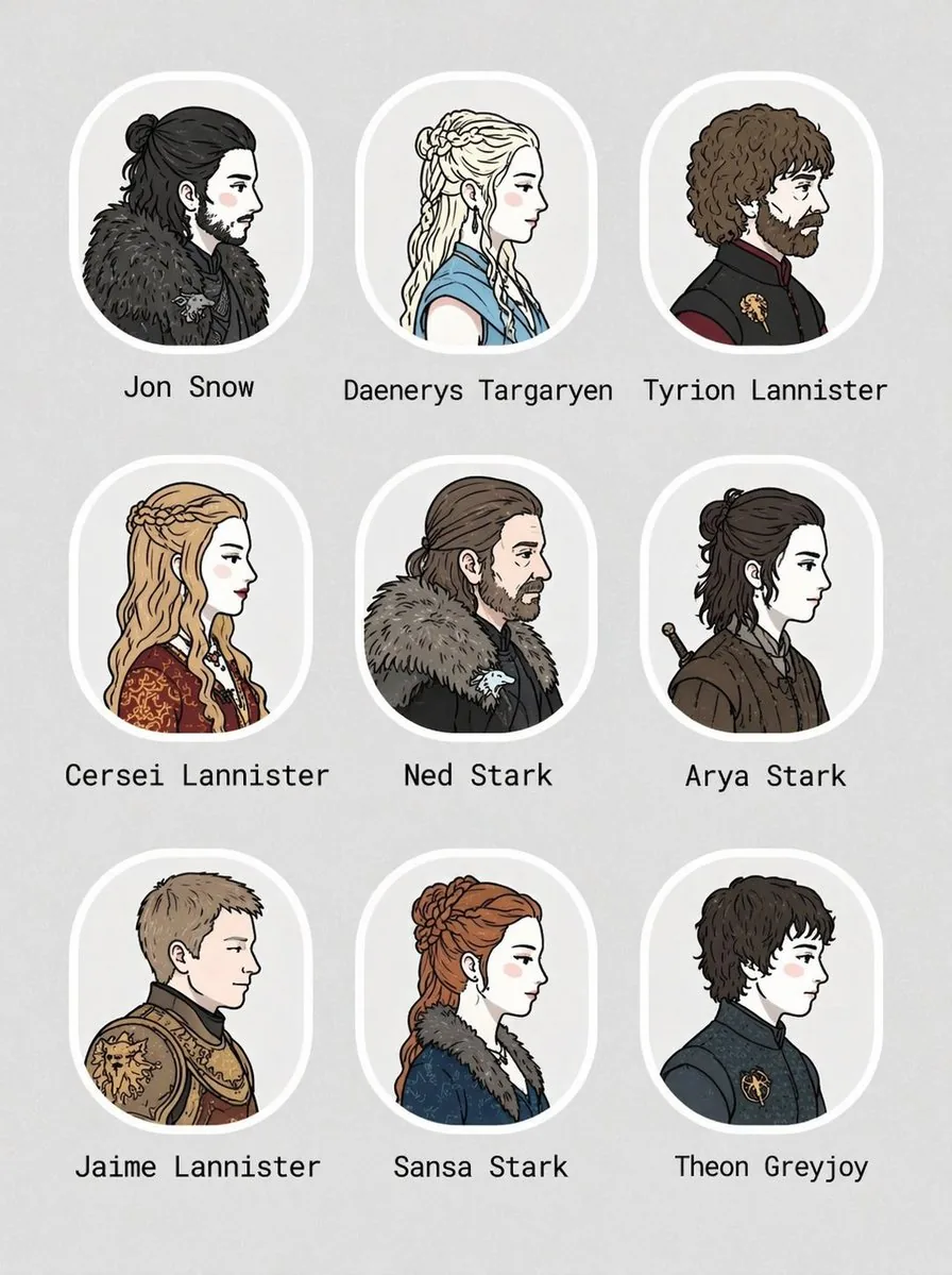 Create one image: a 3x3 character...