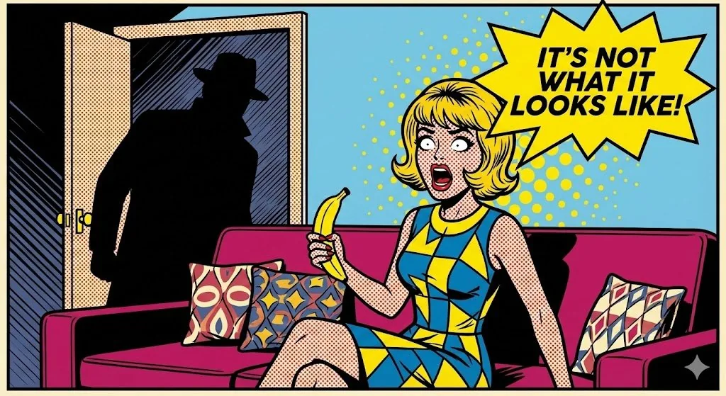 A highly stylized, single-panel sequential art...
