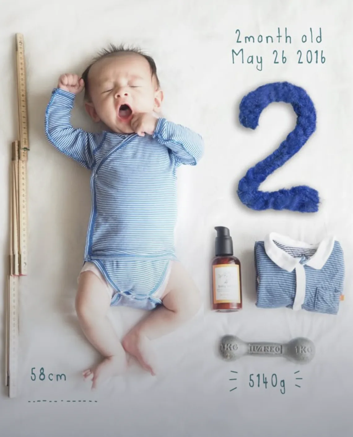 Overhead shot of a 2-month-old baby,...