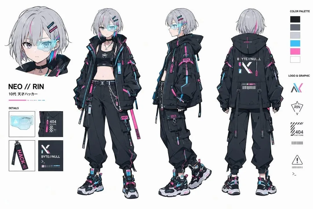 <role>Expert cyberpunk anime character designer</role> <context>Professional...